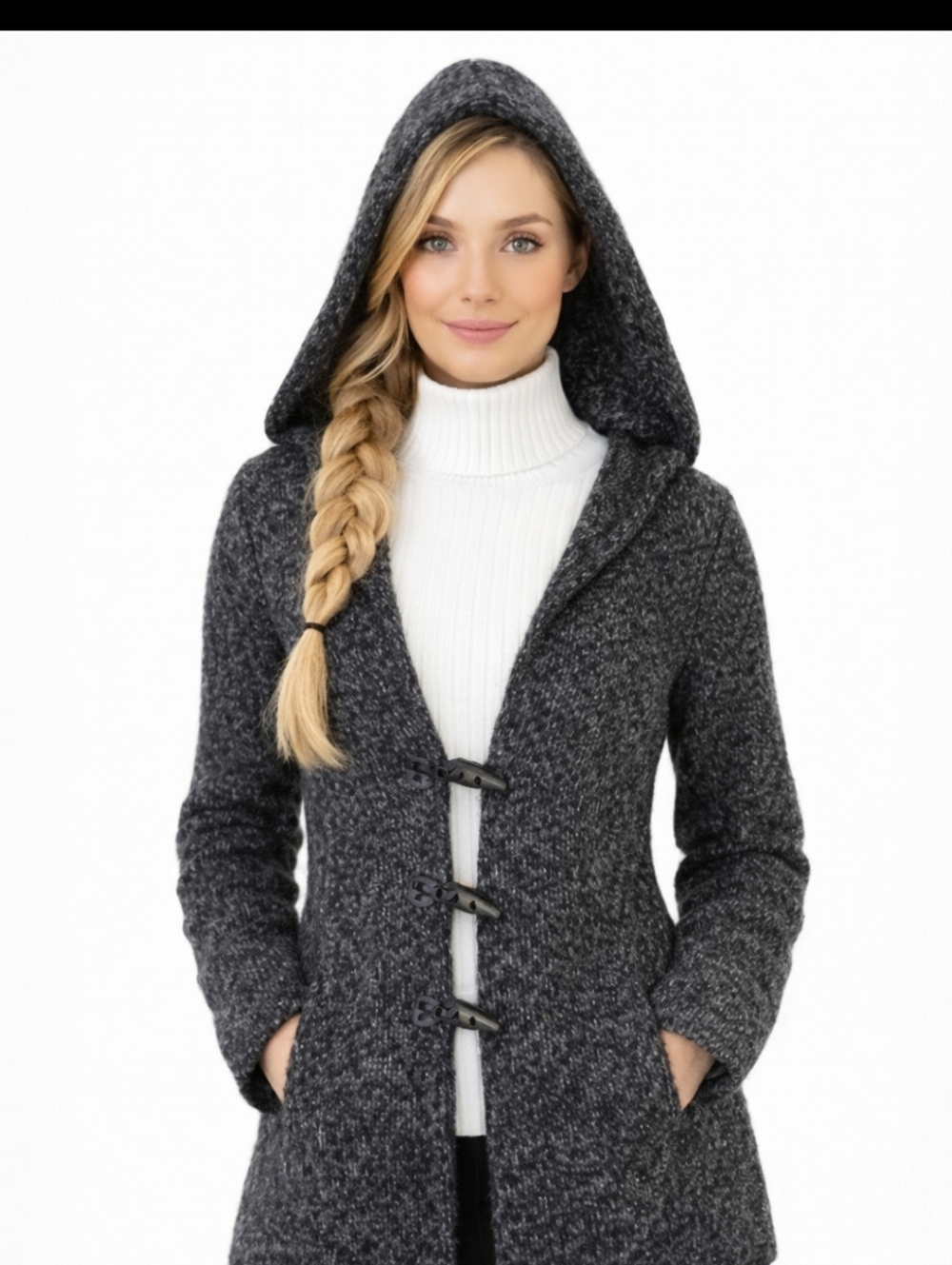 wool blend Horn toggle closure hooded black marled knit cardigan Old Money Sz XS